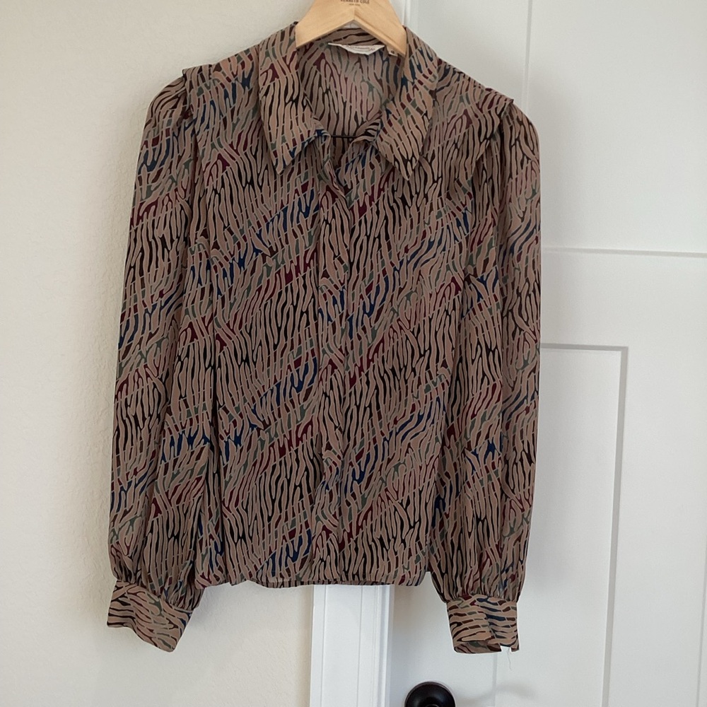 Vintage Alexandria Long Sleeve Collared Blouse Silky Size 8 Brown Burgundy